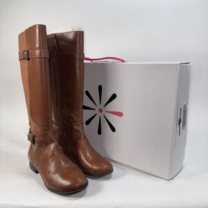 ISAAC MIZRAHI LIVE ABBY Brown Leather Knee-High Side Zip Riding Boots 9 NIB